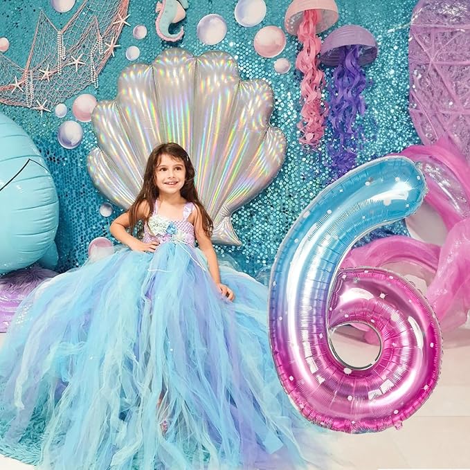 40 Inch Balloon Number 6 Blue Pink, Large Foil Mermaid 6 Balloons Number - Image 5