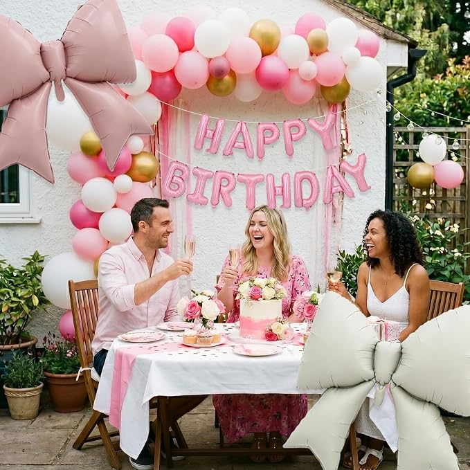 Vuzvuv Pink Happy Birthday Balloons, 38 Inches Huge Bow Aluminum Foil Balloons - Image 4