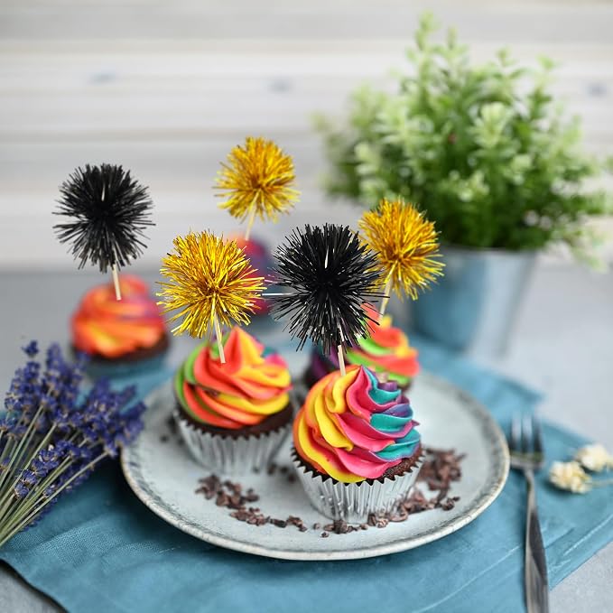 Gyufise 30Pcs Foil Firework Cupcake Toppers Sparkle Tinsel Cake Toppers Tinsel - Image 6