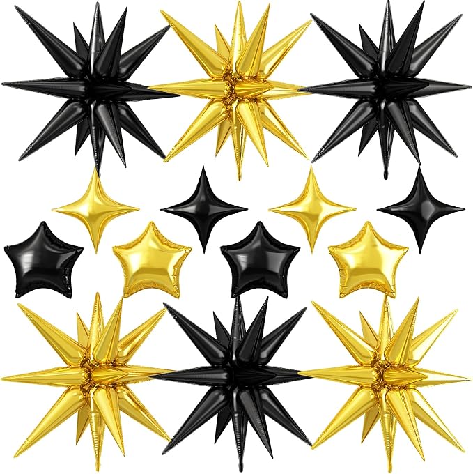 14pcs Black Gold Star Balloons, Mixed Star Foil Balloon, 22Inch Explosion Stars by vibzox