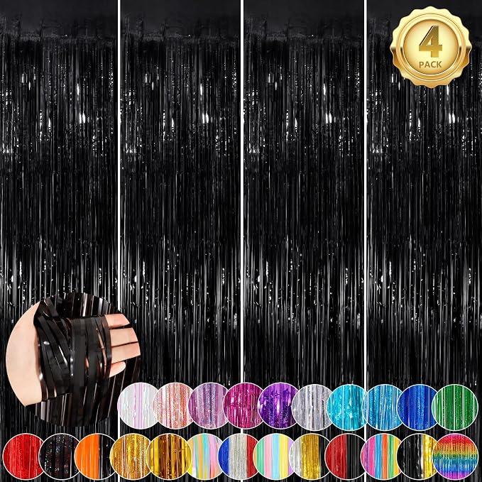 Black Metallic Tinsel Foil Fringe Curtains, 4 Pack 3.3x8.3 Feet Party Streamer by NUWDHP
