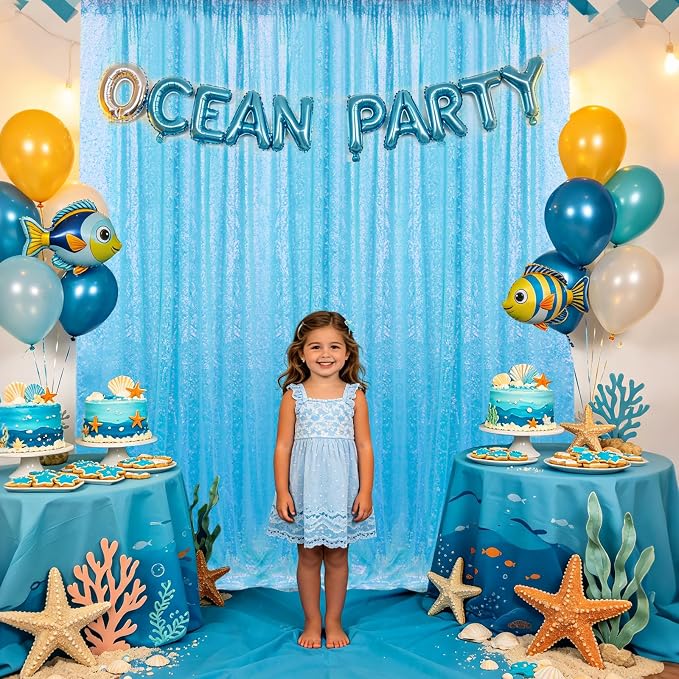 Sugargirl Mermaid Blue Sequin Backdrop Curtain 6 Panels 2FTx8FT Glitter Mermaid - Image 3