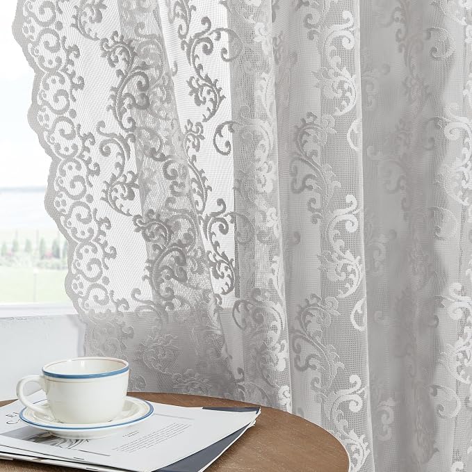 Gray Lace Curtains 90 Inches Long 2 Panels Paisley Floral Sheer Curtains - Image 4