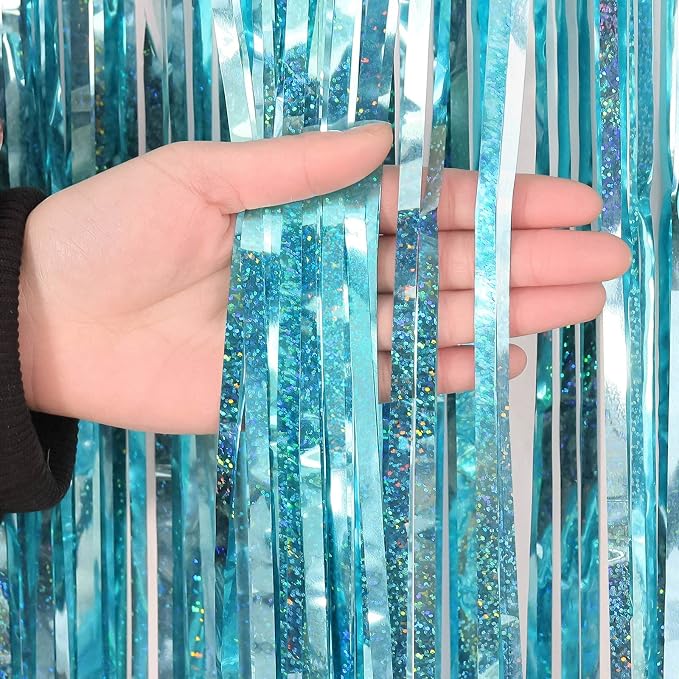 Blue Tinsel Foil Fringe Curtain Backdrop, 3.3 x 8.2 ft Metallic Glitter Curtain - Image 7