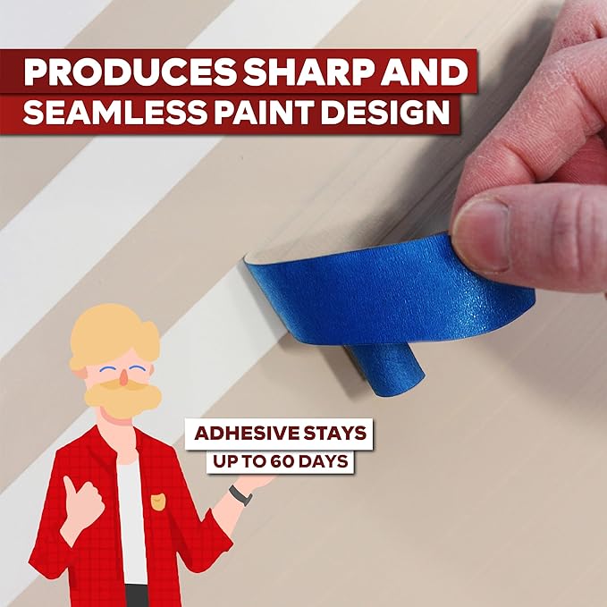 XFasten Professional Blue Painters Tape, Sharp Edge Line Technology, 2" by 60 Yards (Single Pack) - Produces Sharp Lines and Residue-Free Artisan Grade Clean Release Wall Trim Tape
