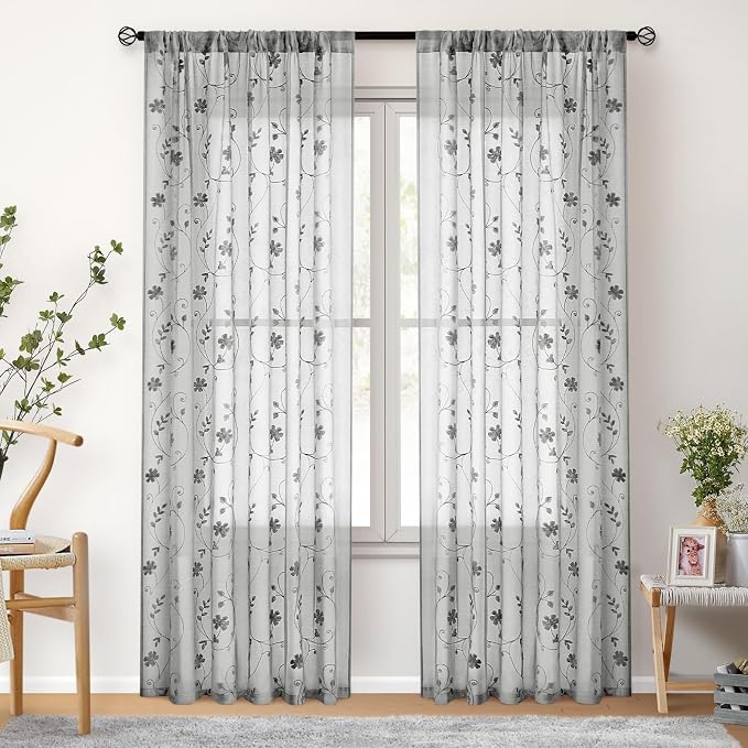 HOMEIDEAS Grey Sheer Curtains 63 Inches Long 2 Panels Embroidered Floral - Image 7