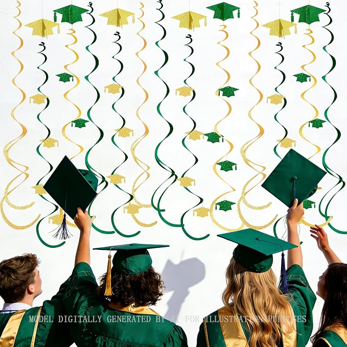 24Pcs Green Gold Graduation Grad Cap Hanging Felt Swirl Streamer Spiral Ceiling - Image 5