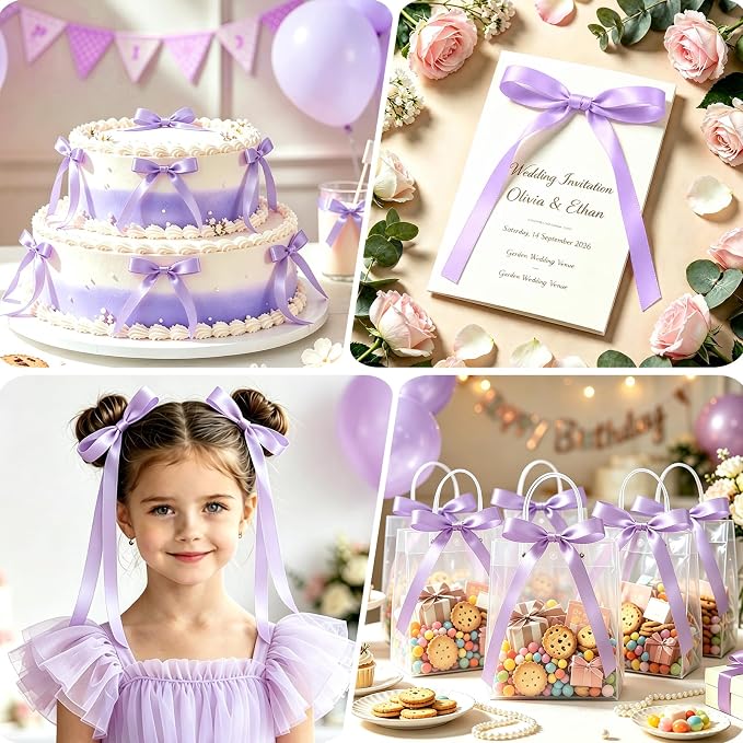 NEBURORA 50 Pcs Purple Bows for Cake Decoration Party Ribbon Bowknots | Pastel - Image 6
