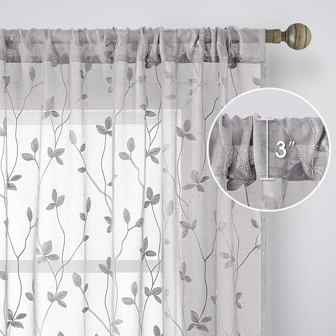 HOMEIDEAS Light Grey Sheer Curtains W52 x L96, Embroidered Vine Leaf | 2 Panels - Image 4