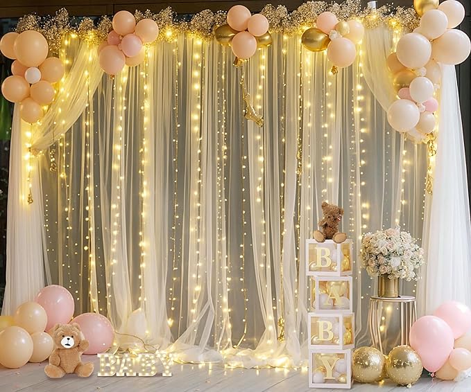 Champagne Backdrop Curtain with Lights String for Parites Wedding 20×8ft Sheer Tulle Backdrop Curtains for Bridal Shower Baby Shower Birthday Party Photo Shoot Background Decorations(4 Panels 5ft×8ft)