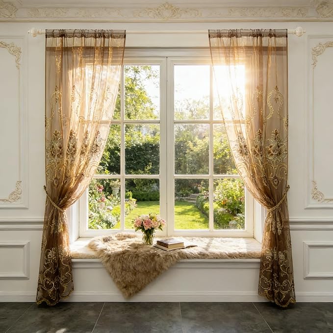 1pc Luxury Brown Embroidered Floral Sheer Tulle Curtain - Image 6
