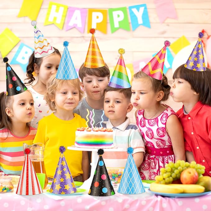 24PCS Colorful Birthday Party Cone Hats Glitter Paper Hat - Image 7