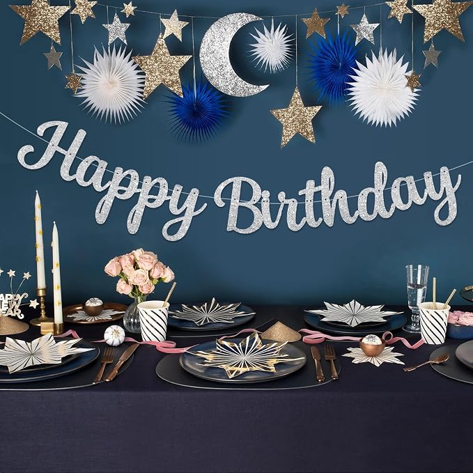 Silver Happy Birthday Banner, Pre-Strung Glitter Silver Birthday Sign, 10 Feet - Image 3