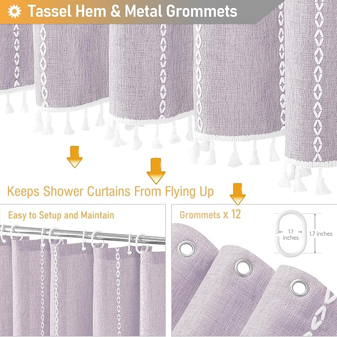 72x78 Long Boho Farmhouse Linen Heavy Duty Shower Curtain, Lavender | Tall Size - Image 5