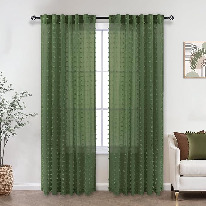 KOUFALL Olive Green Curtains for Living Room Bedroom, Sheer Boho Pom Pom - Image 2