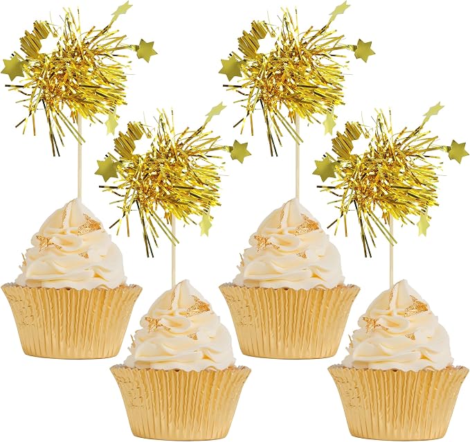 Gyufise 30Pcs Star Foil Firework Cupcake Toppers Sparkle Tinsel Cake Toppers by Gyufise