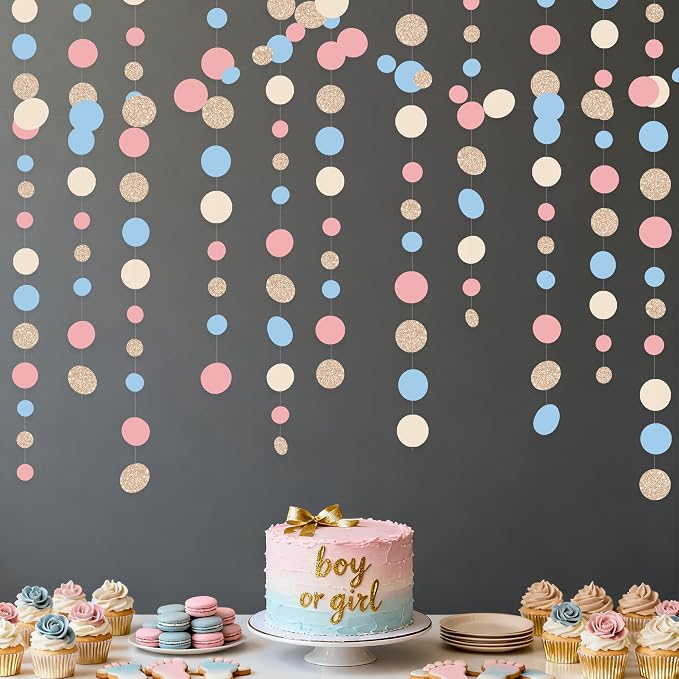 Champagne Gold Dusty Pink Blue Cream Beige Circle Dot Hanging Streamer Polka - Image 3