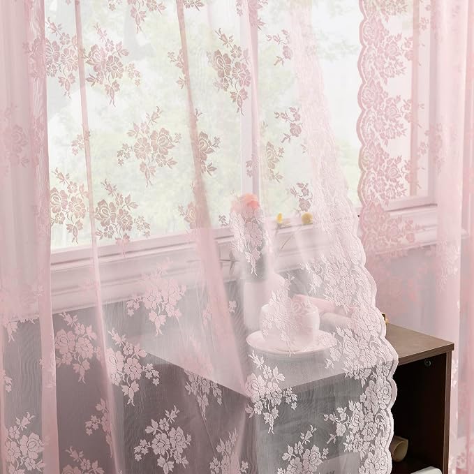 Kotile Pink Floral Lace Curtains - Image 5