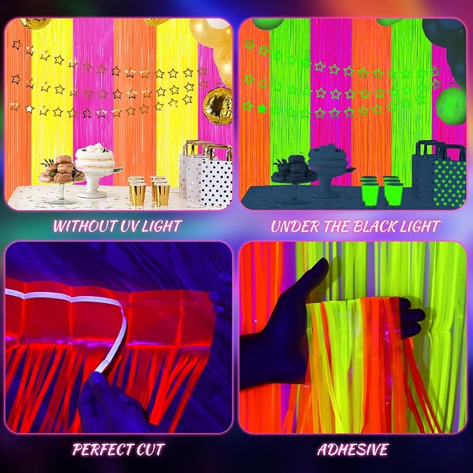 2 Pack Glow in The Dark Party Curtains Streamers, Neon Party Decorations - Image 3