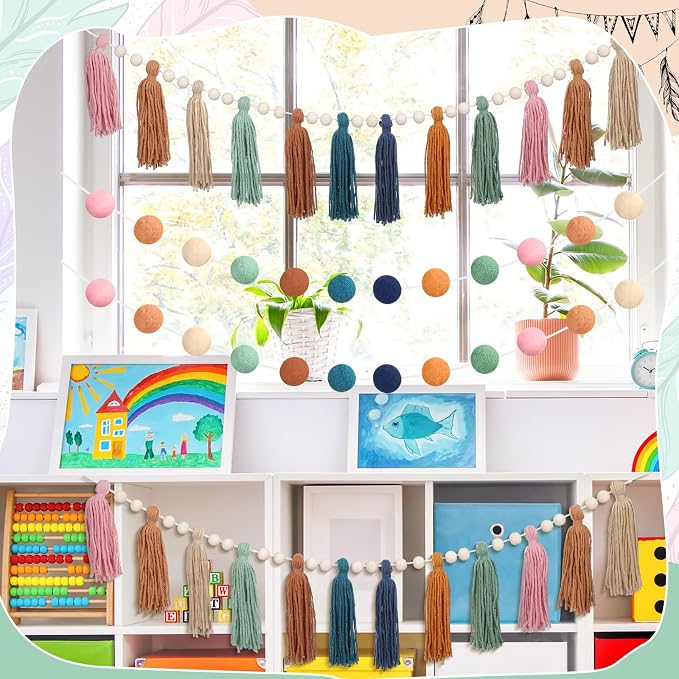 Tenceur Boho Tassel Garland and Pom Pom Banner Set- 4 Pcs Rainbow Wall Decor - Image 4