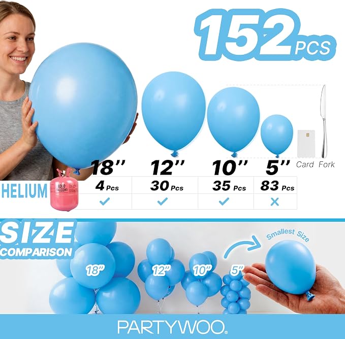 PartyWoo Light Blue Balloons 152pcs Baby Pastel Blue Color Different Sizes | 18 - Image 6