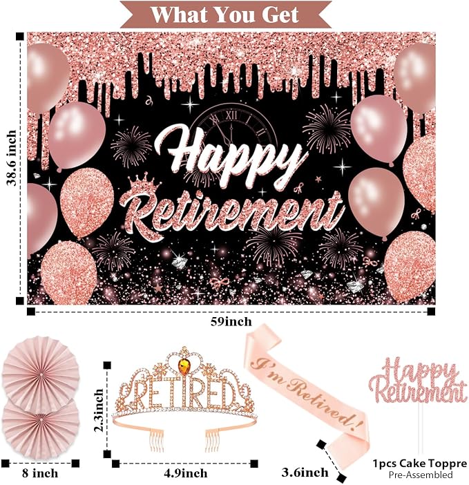 Retirement Party Decorations for Women, Pre-Assembled Rose Gold Black Set. | - Image 5