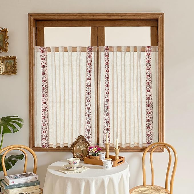 jinchan Red Floral Embroidered Linen Kitchen Curtains 54×45 Inch 2 Panels | - Image 3