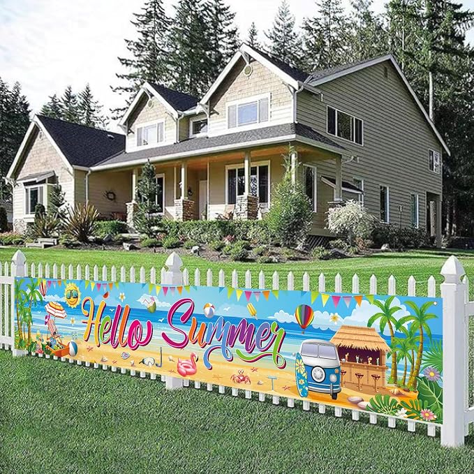 Hello Summer Banner, 118 x 20 Inch Beach Pool Hawaiian Luau Party Decorations - Image 3