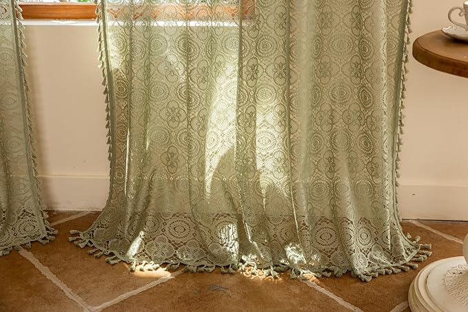 YJ YANJUN Boho Lace Curtains, Sage Green Sheer Window Panels | Geometric - Image 4