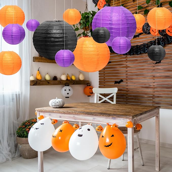 21Pcs Halloween Paper Lanterns, 4-10in Orange Black Purple, Hanging Decor | - Image 5