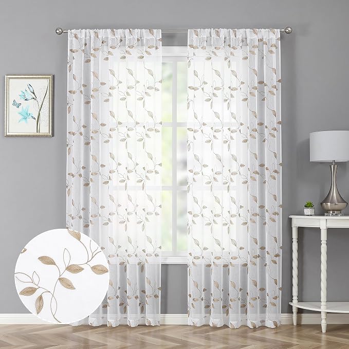 Tollpiz Taupe Leaf Sheer Curtains Bedroom 54 x 84 Inches | Leaves Embroidered by Tollpiz
