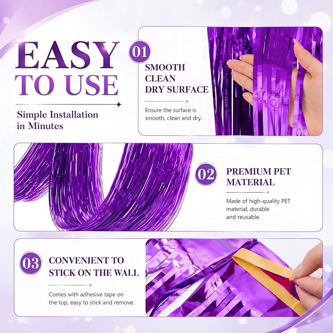8 Pcs Purple 15ft Metallic Foil Ceiling Fringe Curtains - Image 3