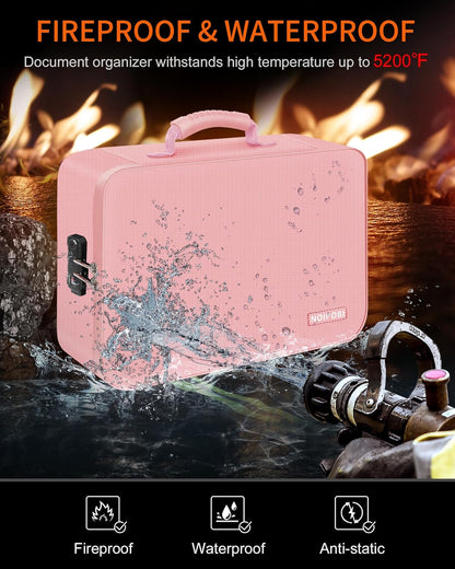 Noiposi Document Organizer with 5200℉ Heat Insulated,16.1"x11.4"x4.3" Waterproof and Fireproof Document Box,Portable Home Travel Safe Storage Box for Important Documents and File,Pink