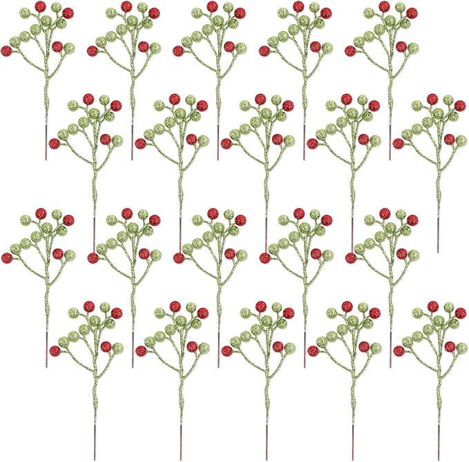 Fangoo 20 Pack 7 Inch Artificial Green Red Berry Picks by Fangoo
