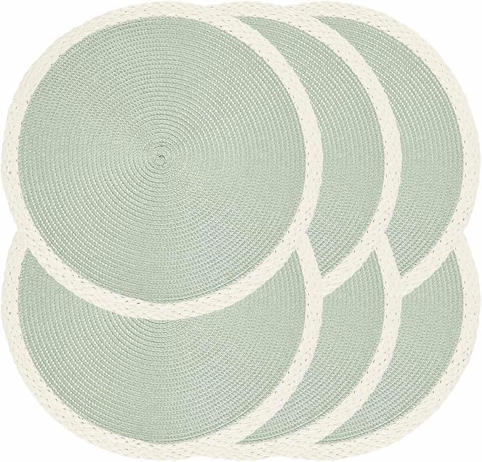 Round Placemats Set of 6, Woven Table Mats, Mint Green | Braided Paper Edge by Noctiflorous