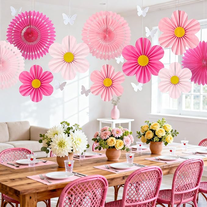 ADLKGG Pink Paper Fans Wall Decor, Flower Backdrop Party Decorations | 12 Pcs - Image 6