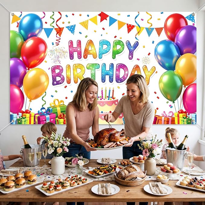 Blulu Happy Birthday Backdrop Banner Sign Poster Large Fabric Glitter Balloon - Image 4