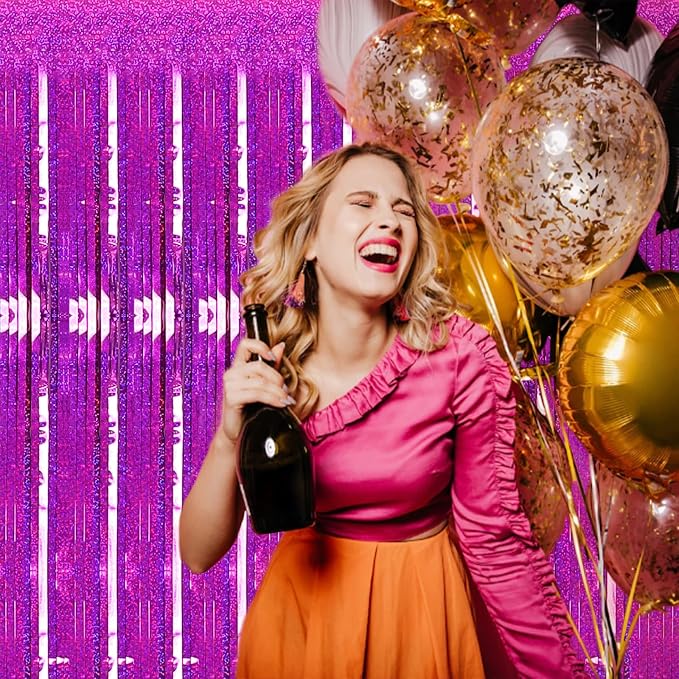 2 Pack 3.2ft x 8.2ft Hot Pink Metallic Tinsel Foil Fringe Curtains, Photo Booth - Image 3
