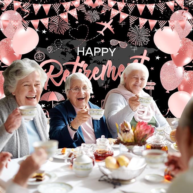 Mocsicka Happy Retirement Backdrop Pink Rose Gold Balloons Women Happy - Image 5