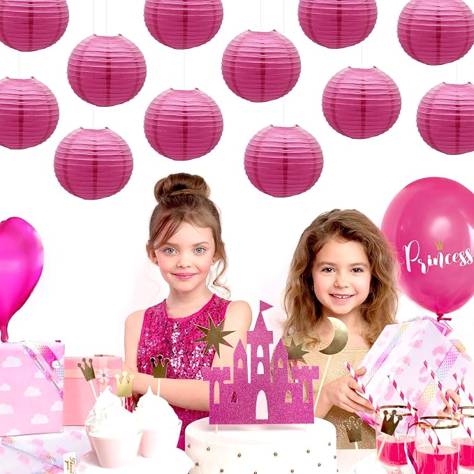 Hot Pink Paper Lanterns Decorative Hanging Round Shape Lanterns 8inch | - Image 6