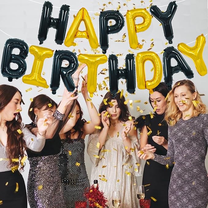 TONIFUL 16 Inch Black Gold Happy Birthday Balloons Banner Decor - Image 4