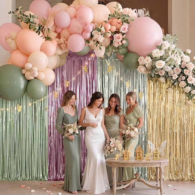 Frienda 4pcs Sage Green and Pink Party Decorations 6.6ft Fringe Curtains - Image 3