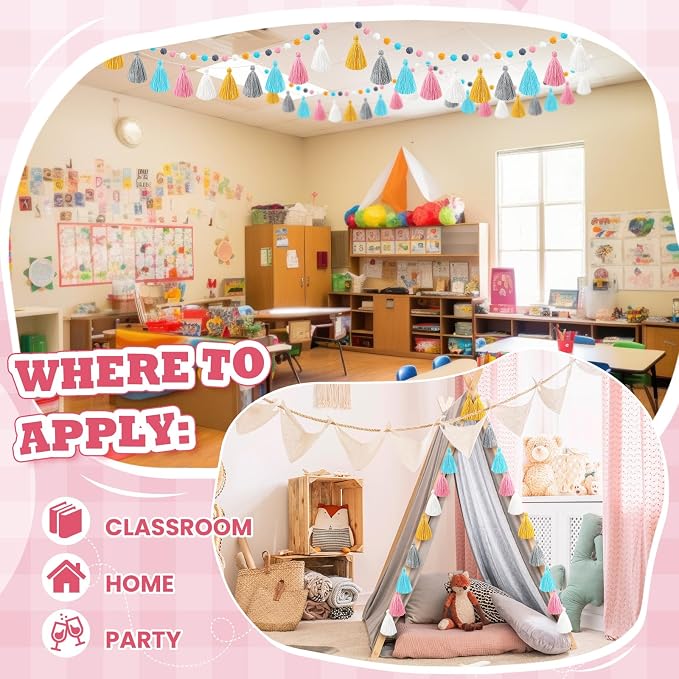 Syhood 4 Pcs Pom Pom Tassel Garland Felt Pompom Ball Banner Tassel Garland - Image 4