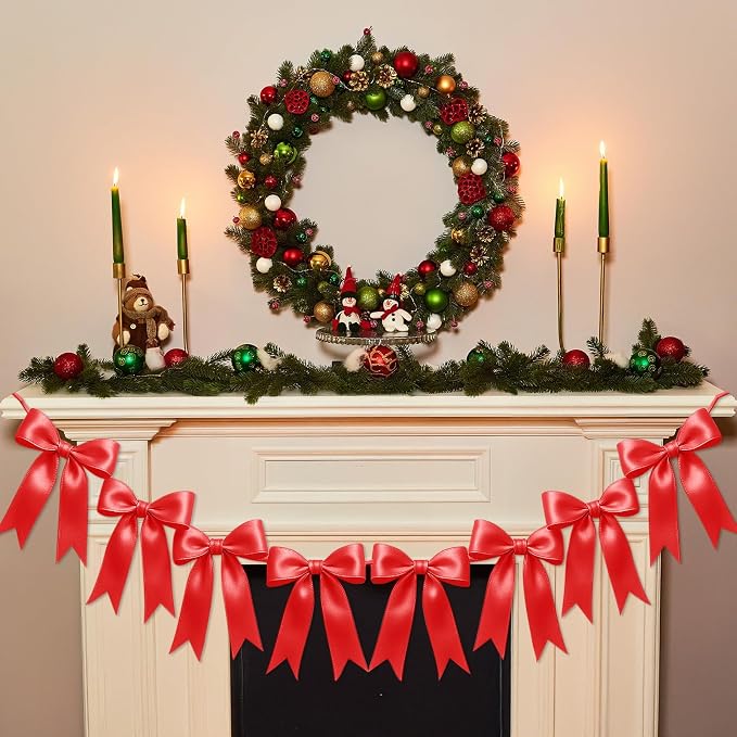 2 Strings of 16PCS Red Bow Garlands Banner Decoration, Pre-Strung Satin Ribbon - Image 6