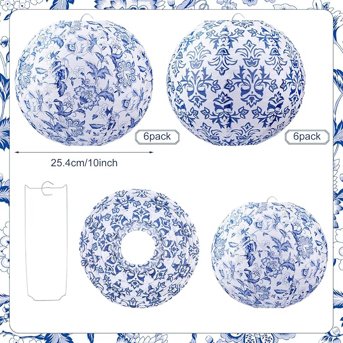 12 Pcs Chinoiserie Party Decor Blue White Porcelain Paper Lantern | 10" - Image 3