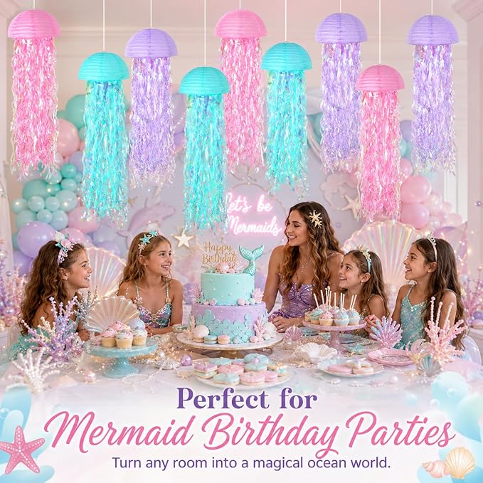 6-Pack Jellyfish Paper Lanterns, Mermaid Birthday Party Decorations | 10-Inch - Image 3