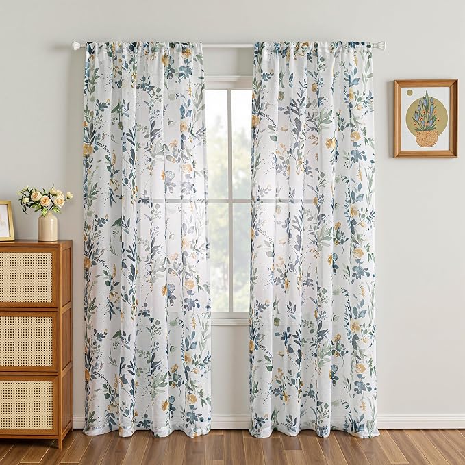 MYSKY HOME Yellow and Blue Sheer Floral Curtains 90 Inch Length 2 Panels | - Image 2