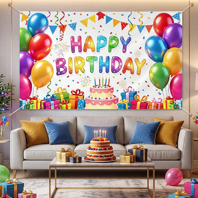 Blulu Happy Birthday Backdrop Banner Sign Poster Large Fabric Glitter Balloon - Image 8