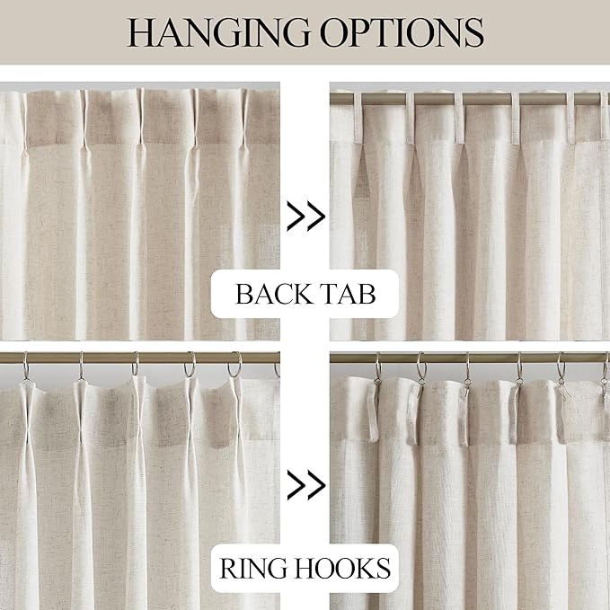 Vision Home Natural Pinch Pleated Semi Sheer Curtains Textured Linen Blended Light Filtering Window Curtains 72 inch for Living Room Bedroom Pinch Pleat Drapes with Hooks 2 Panels 42" Wx72 L