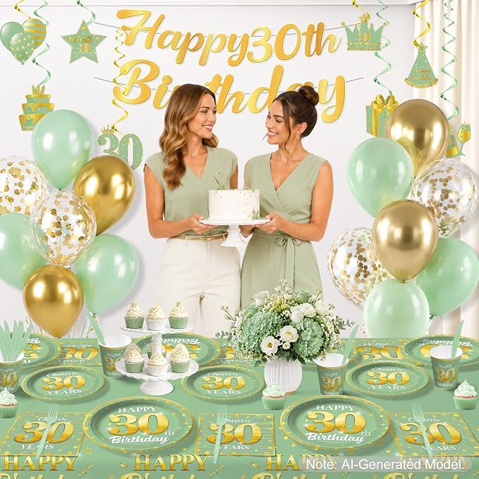 216pcs Yingoto Green Gold 30 Birthday Decorations Tableware Set, 25 Serves | No - Image 4
